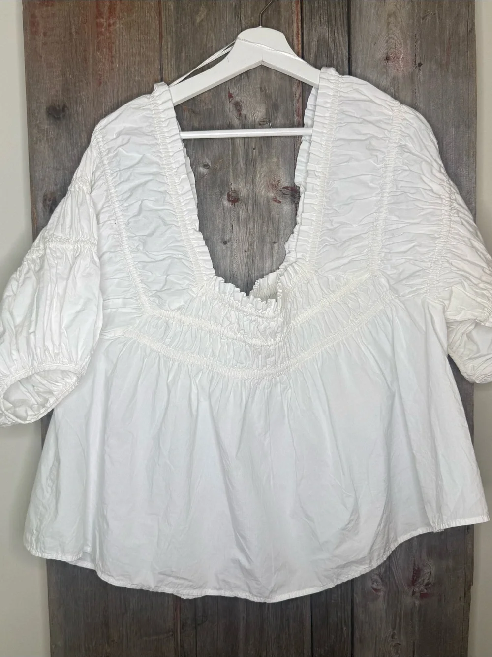 Free People CeCe Poplin White Smocked Square-Neck Peasant Blouse size XS